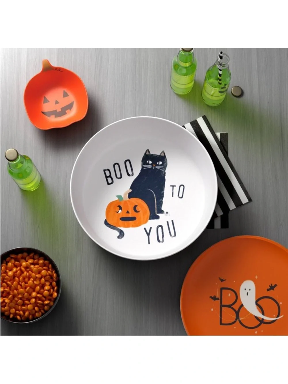 Halloween Cat & Pumpkin Serving Bowl - White and Orange Halloween Candy Bowl